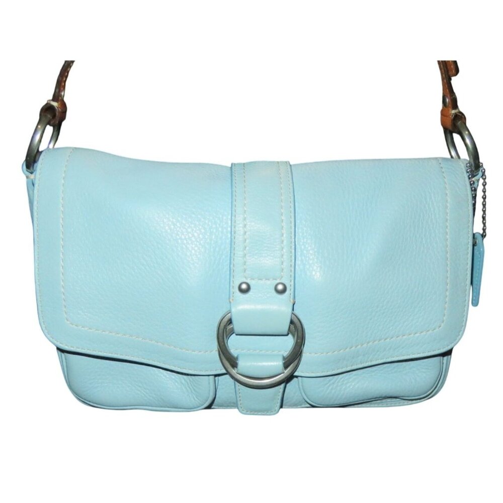 Coach 2008 Chelsea Pebbled Leather Buckle Flap Hobo Handbag in Tiffany Blue